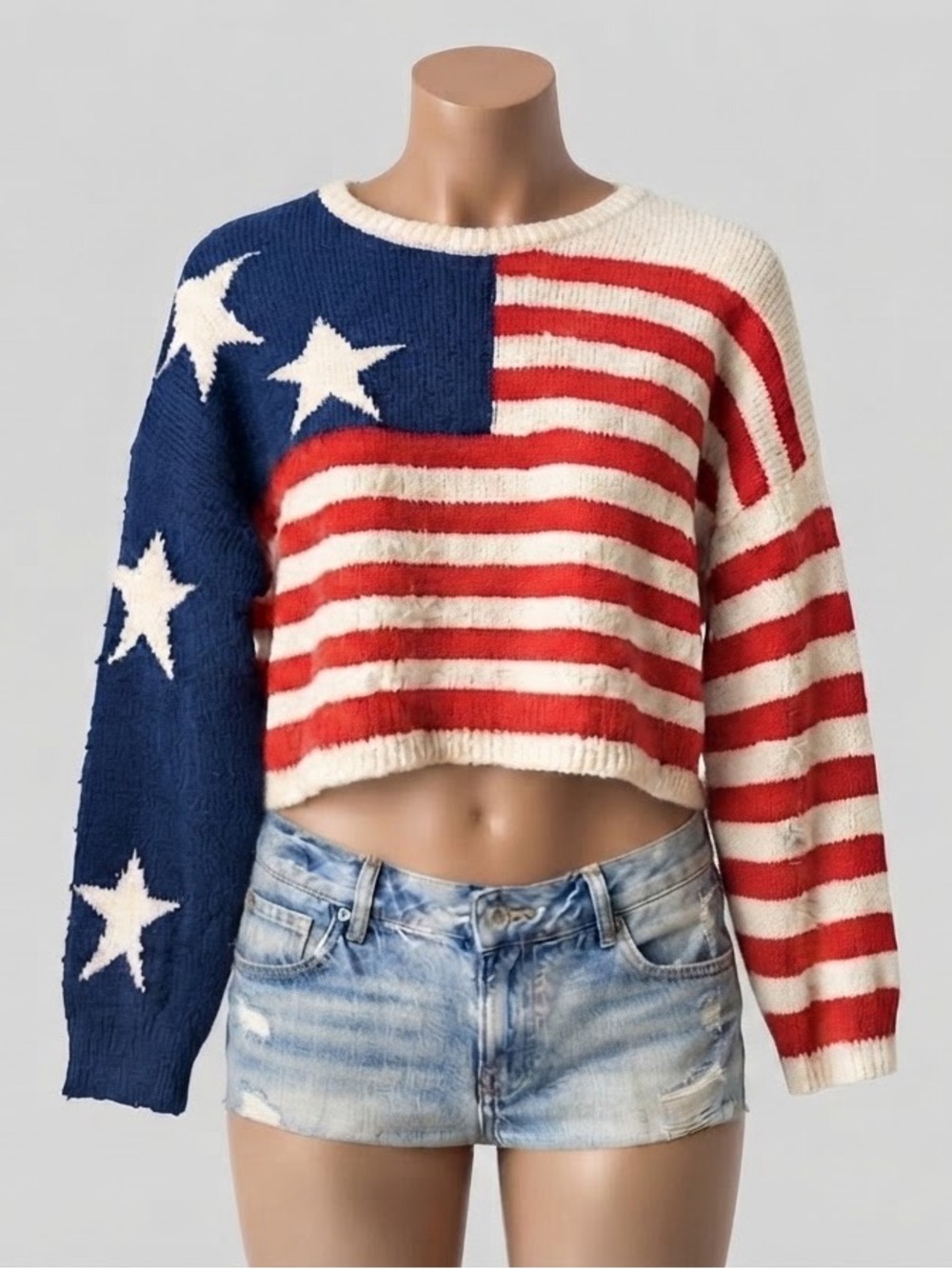 Stars & Stripes Cropped Sweater - Red, White & Blue